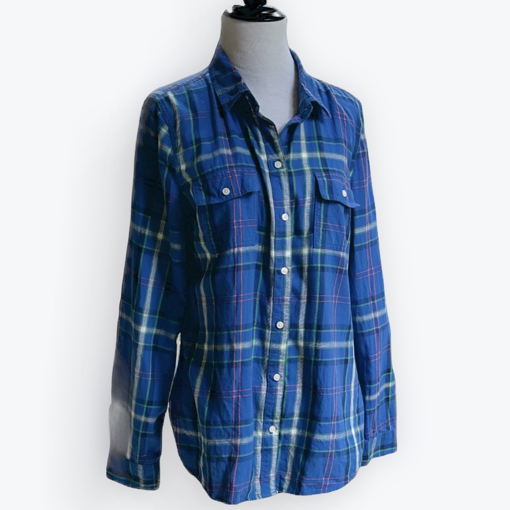Feminine Lumberjack Boyfriend Plaid Royal Blue Pink Green Soft Cotton Shirt ~ M